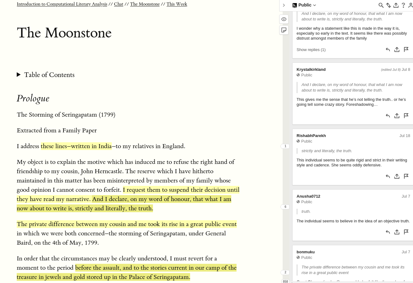 Hypothes.is-annotated edition of The Moonstone, one of our course texts.